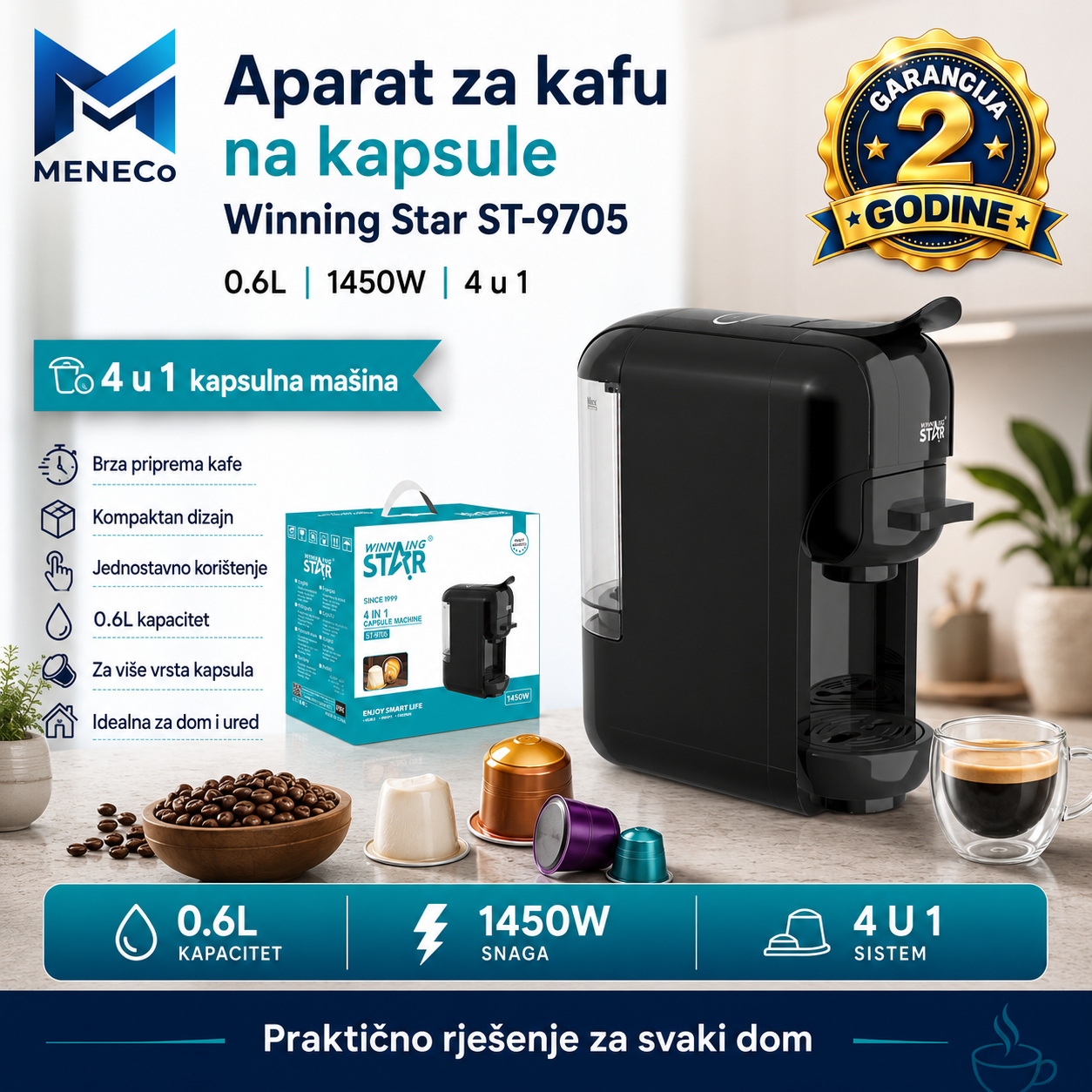 Aparat za kafu na kapsule, 0.6L, 1450W, 4 u 1