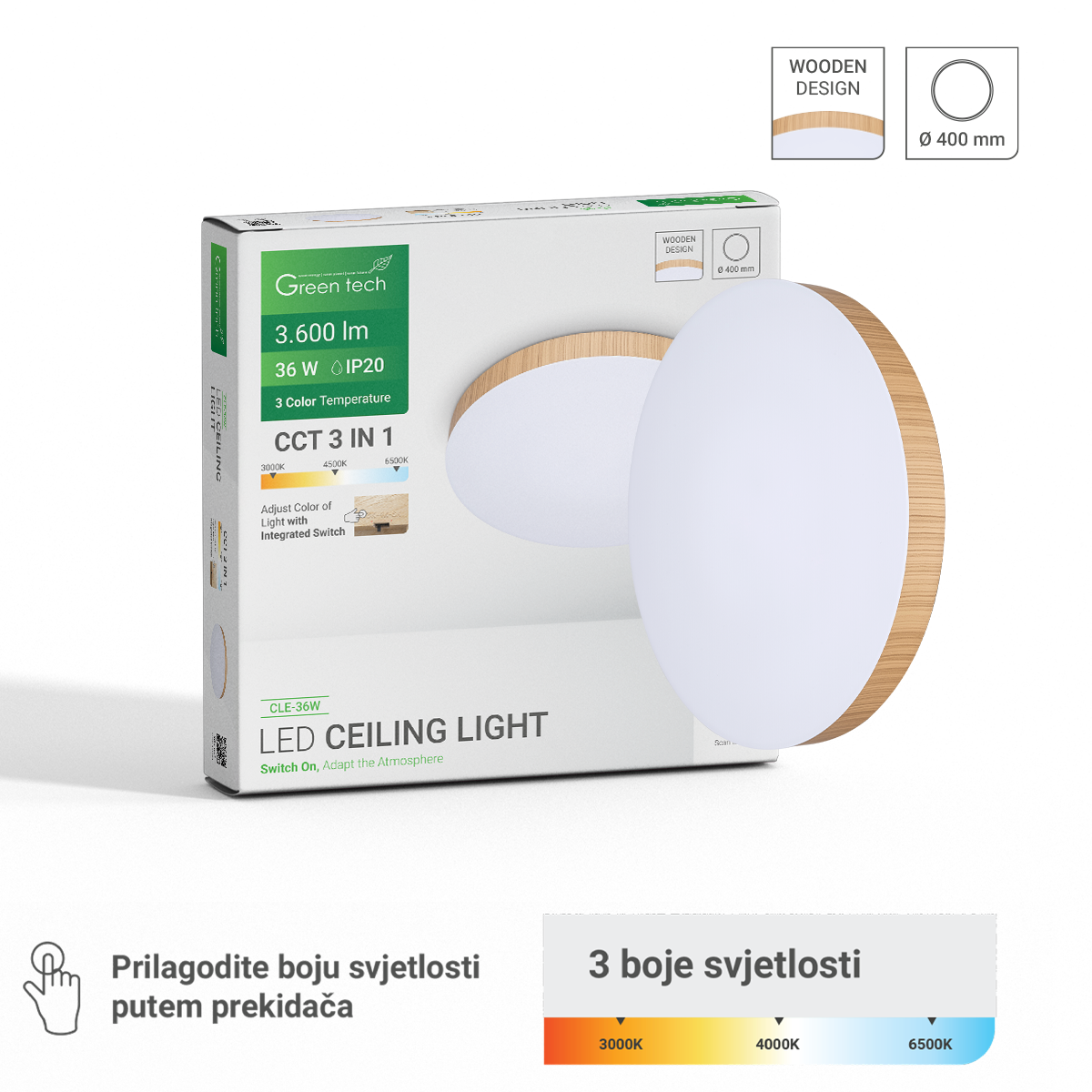LED PLAFONJERA GREEN TECH 36W,3CCT,40CM,DRVENI OKVIR