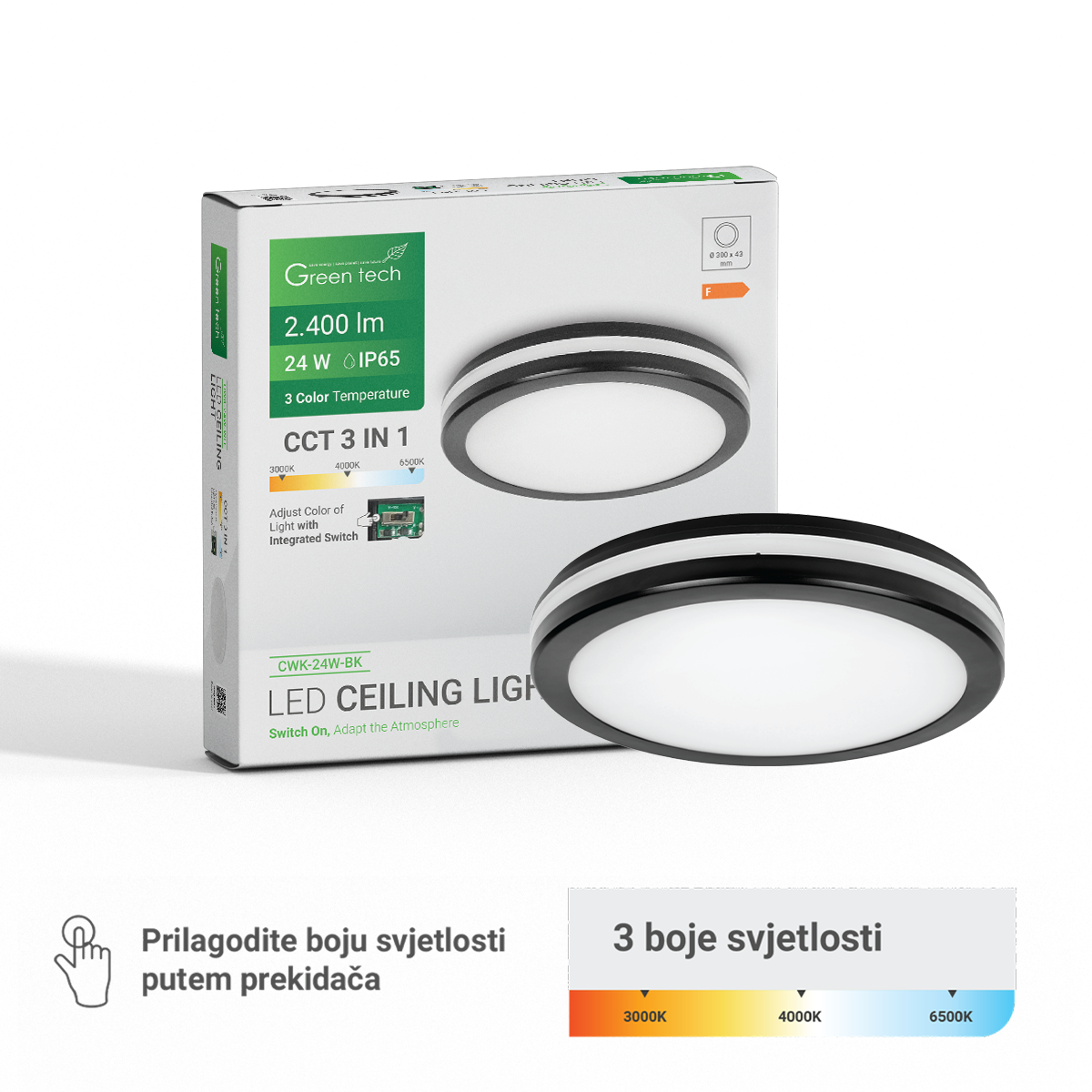 LED PLAFONJERA GREEN TECH 24W,3CCT,30CM,IP65,CRNA