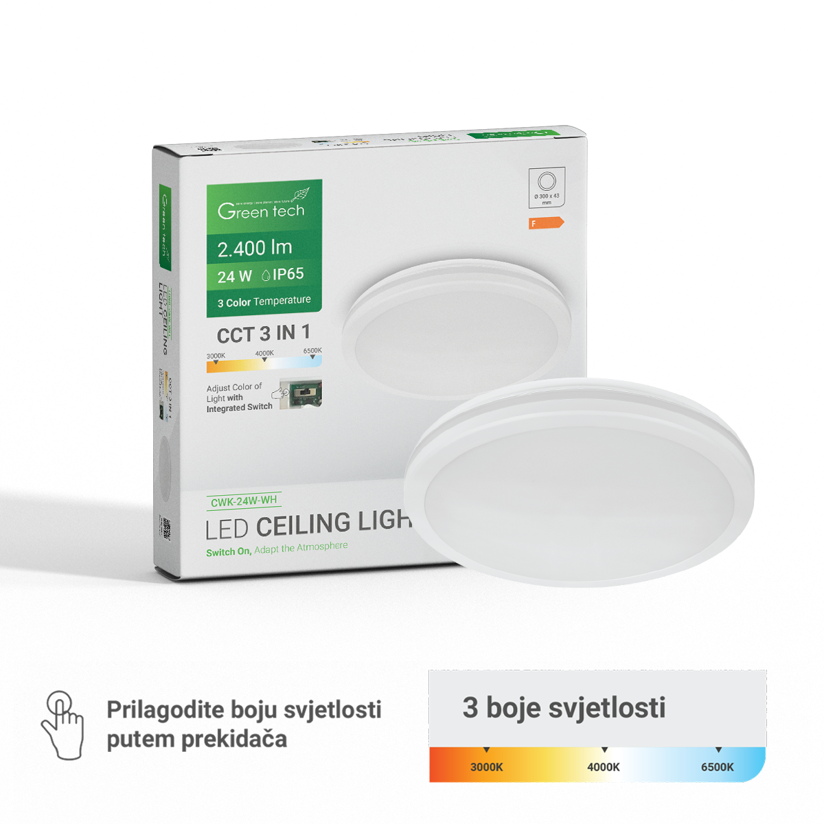 LED PLAFONJERA GREEN TECH 24W,3CCT,30CM,IP65,BIJELA